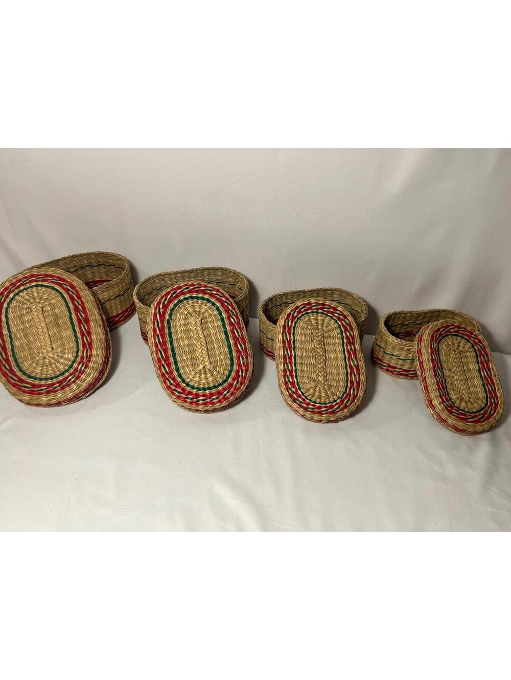 Set of 4 Woven Straw Nesting Baskets with Lids – Oval Wicker Handwoven Storage